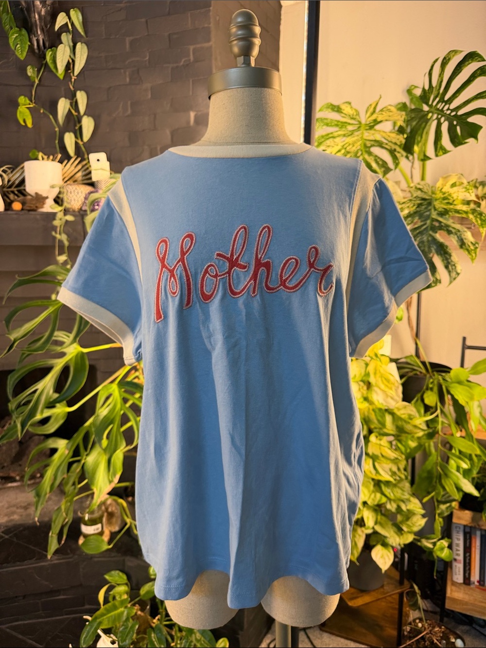 MOTHER Light Blue Tee with Red Script Appliqué